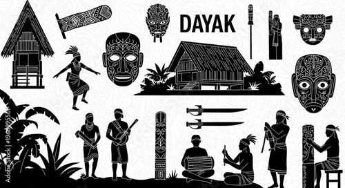 Dayak Tribal Culture Elements and Symbols.