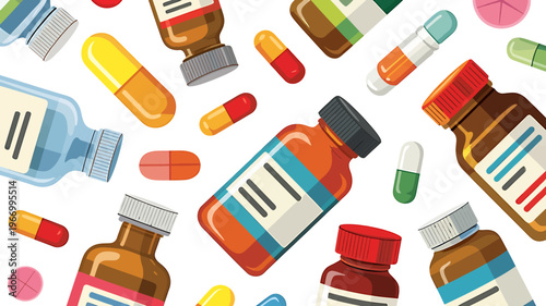 Colorful cartoon medicine bottles and pills on white background for health concepts