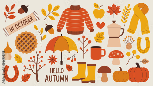 Autumn season objects and symbols in warm colors on beige background