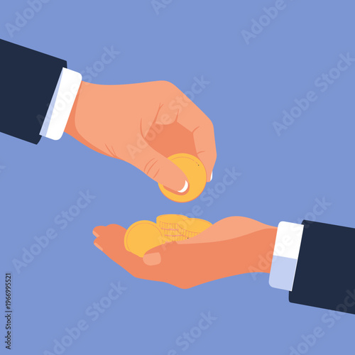 Two hands exchanging coins on blue background for finance and business concepts