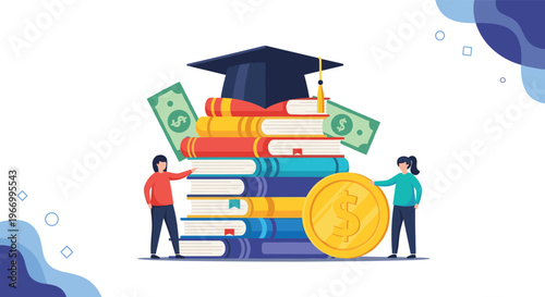 Cost of education and student loan concept with two people holding a large gold dollar coin next to a stack of books and a cap.