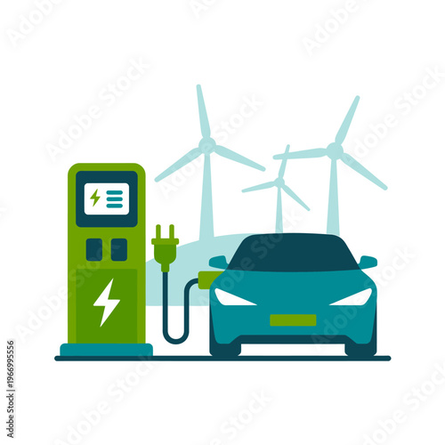 Electric car charging station with wind turbines in background for renewable energy