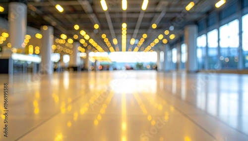 Modern airport terminal interior with bright lights and reflective floor.