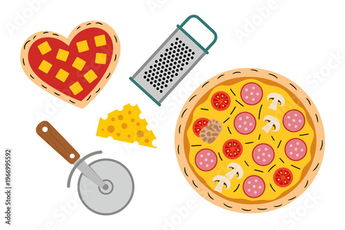 Heart shaped pizza and round pizza with toppings and cheese and cutter on white