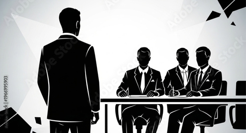 Man in Suit Facing Panel of Interviewers in Silhouette.
