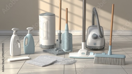 Clean and Organized Home Cleaning Supplies Displayed on a Bright Floor with Natural Light Highlighting Modern Equipment and Eco-Friendly Products for Efficient Cleaning