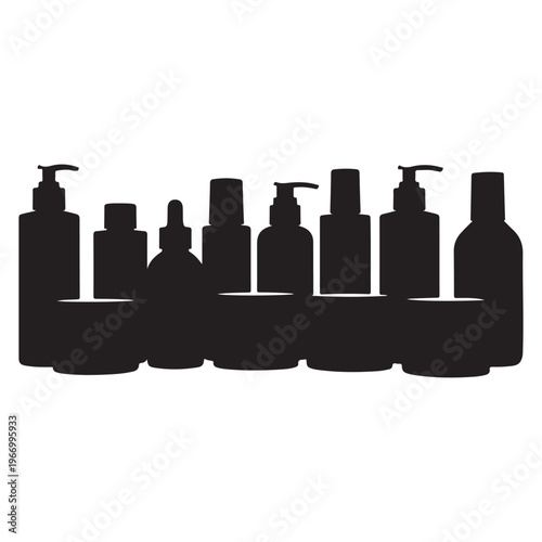 Black silhouettes of various cosmetic bottles and containers