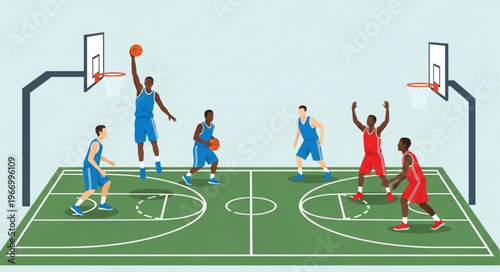 Basketball players compete on a court during a game.