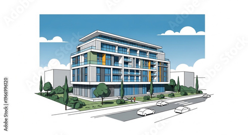 Modern Architectural Building Design with Contemporary Facade and Urban Street View.
