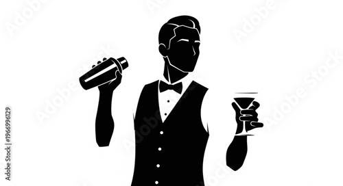 Bartender Silhouette Making Cocktail Drink with Shaker and Glass.