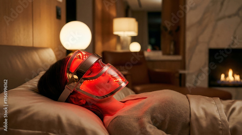Woman using red LED light therapy face mask for skin rejuvenation in luxury bedroom spa setting