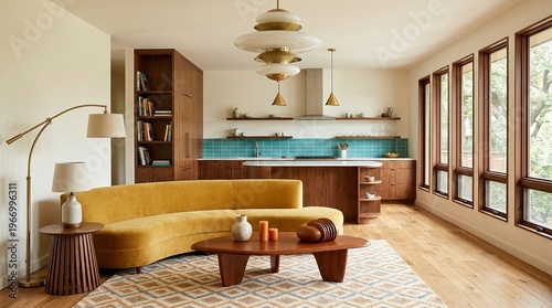 Mid-century modern, living room, kitchen, yellow sofa, interior design, open plan, contemporary home featuring wood cabinets, teal tile backsplash, and elegant designer lighting.