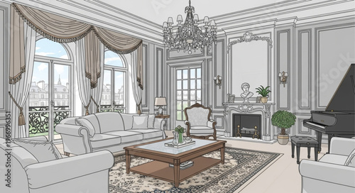 Elegant living room sketch with grand piano and chandelier.
