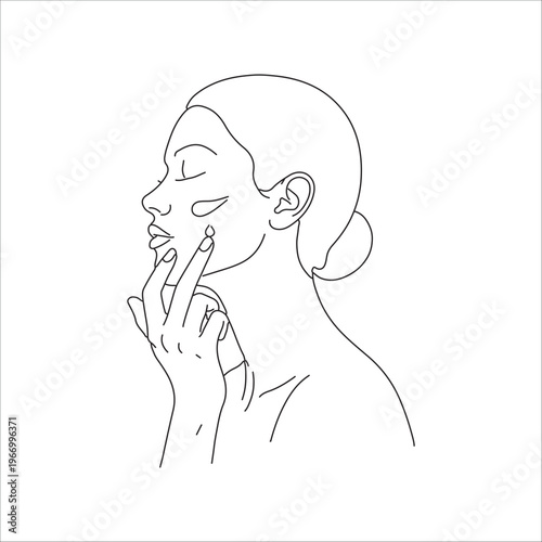 Woman applying skincare or makeup on her face with her finger in a simple line drawing style