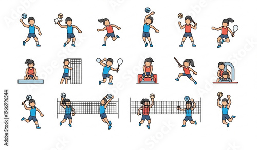 Volleyball player icon set with athletes serving spiking blocking and sports actions