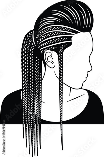 Braided hairstyle silhouette profile, cornrow braids illustration, cultural hair design art, black and white figure outline