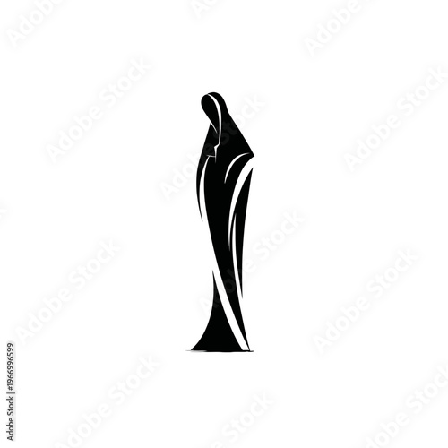 Silhouette of a draped figure standing alone against a white backdrop design