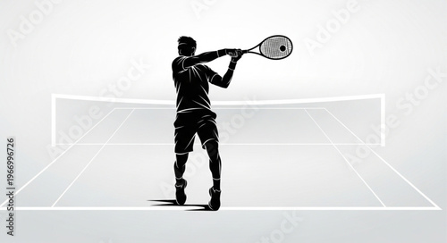 Silhouette of a tennis player hitting a forehand shot on a court.