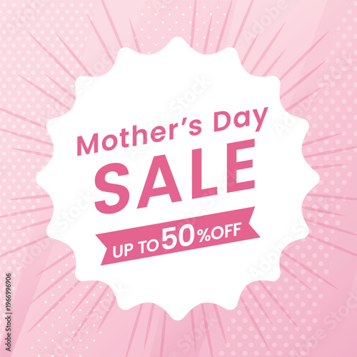 Mother's Day Sale Pink Background with Frame and Sunburst Rays, Elegant Mother's Day Banner Design, 母の日セール用ピンクの放射線とフレームの背景、上品な母の日バナーデザイン