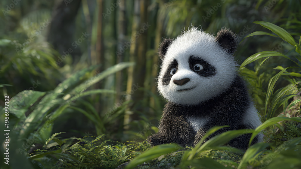 Obraz premium Cute baby panda sitting in a lush green bamboo forest