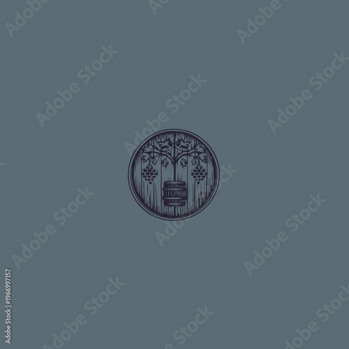 Vintage wine barrel illustration with grapes and vines on neutral background