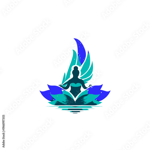 Free Download Woman meditating in lotus pose surrounded by abstract blue design - GFXLoad