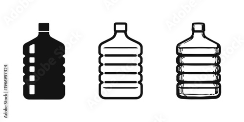 Large Water Bottle Icon Set. Gallon Water Jug Vector Symbols in Solid, Outline, and Hand-Drawn Styles.