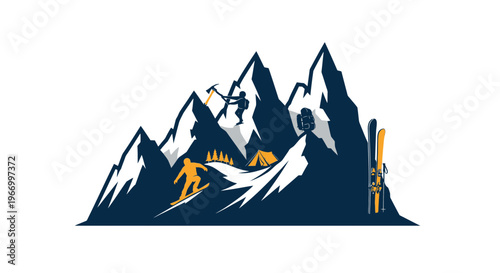 Winter sports and mountain adventure illustration with snowboarding, mountain climbing, camping and skiing silhouettes vector.