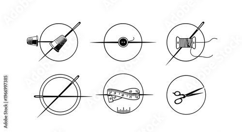 Set of minimal sewing and tailoring icons with needle, thimble, button, thread spool, measuring tape and scissors silhouettes vector illustration.
