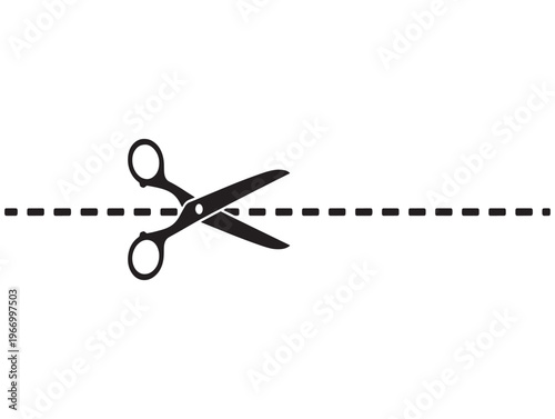 Scissors, cutting, dashed line, vector icon, black and white, editing tool isolated on White Background