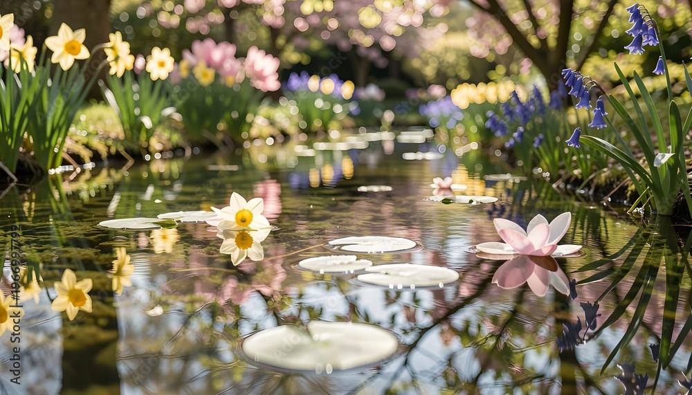 Fototapeta premium Yellow and White Flowers Floating on a Peaceful Pond with Golden Bokeh