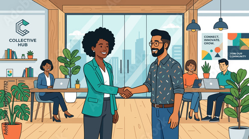 Business Colleagues Shaking Hands in Modern Coworking Space