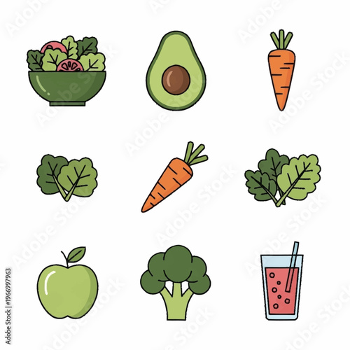 Healthy Food Icons - Salad, Avocado, Carrot, Greens, Apple, Broccoli, and Juice.