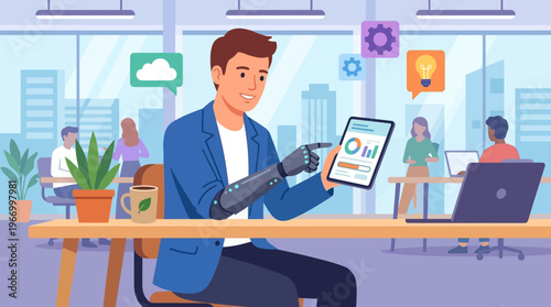Man with Robotic Arm Using Tablet in Modern Office