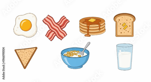 Breakfast Food Illustration - Egg, Bacon, Pancakes, Toast, Cereal, and Milk.
