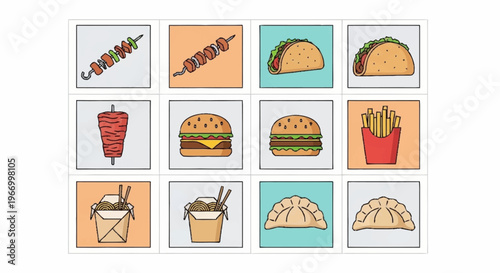 Assorted Fast Food Icons - Skewers, Tacos, Burgers, and More.