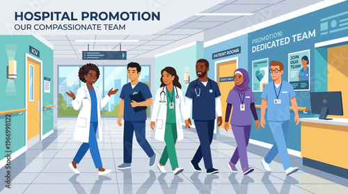 Diverse Medical Team Walking in Hospital Corridor