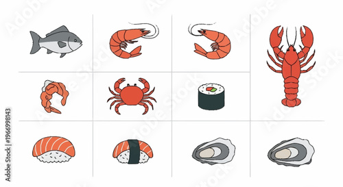 Assorted Seafood and Sushi Illustration - Fish, Shrimp, Lobster, Crab, and Sushi Rolls.