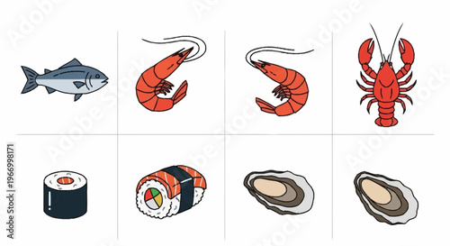 Assorted Seafood Illustration - Fish, Shrimp, Lobster, Sushi, and Oysters.