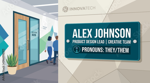 Corporate Office Interior with Sign and People