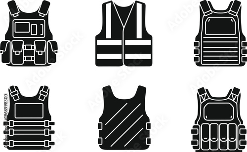 Protective vests silhouettes icons, tactical safety gear, body armor illustration, black and white design, military law enforcement equipment