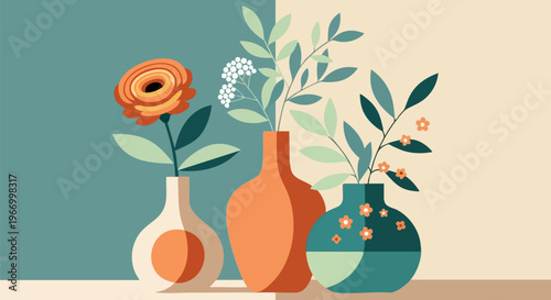 Boho floral still life vector, minimalist ceramic vases with botanical branches and flowers, mid-century modern interior art in earthy terracotta tones