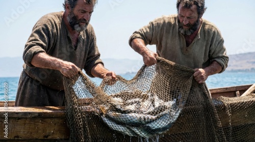 Two men pulling net full of fish from sea. Scene depicting miraculous catch by apostles. Biblical story illustration from New Testament. Ancient fisherman in boat. Christianity concept.