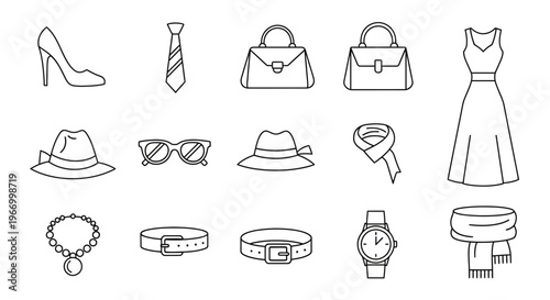 Fashion accessories icons, including shoes, handbags, dresses, ties, hats, jewelry, watches, and scarves, presented in a line art style