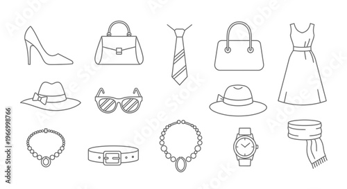 Collection of stylish fashion accessories for women and men, including shoes, bags, hats, and jewelry