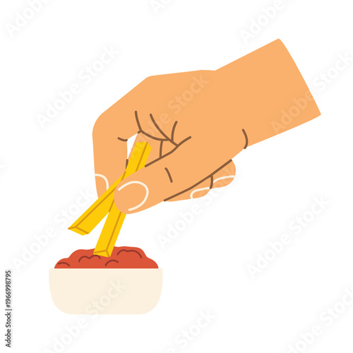 hand dipping french fries into ketchup, crispy potato chips snack, fast food concept, eating gesture, delicious fried fries with sauce- vector illustration