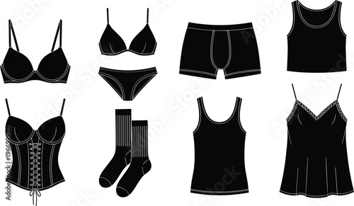 Undergarments silhouettes lingerie sleepwear, bra panty corset socks, black illustration icons, intimate apparel design, fashion clothing outline art