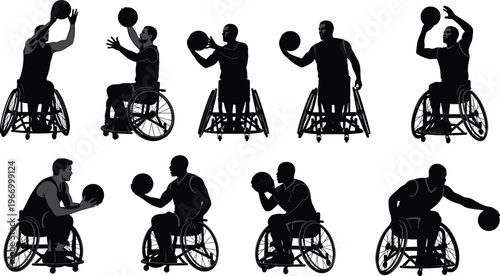Wheelchair basketball silhouettes athletes, adaptive sports illustration, inclusive athletic figures, black and white design, dynamic movement art