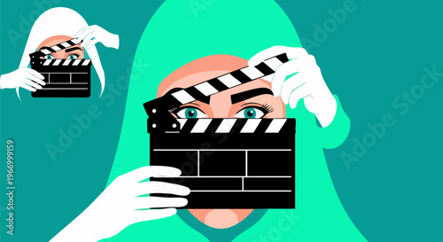 Muslim woman holding movie clapperboard, female filmmaker wearing hijab in cinema production, flat vector illustration of director with film slate
