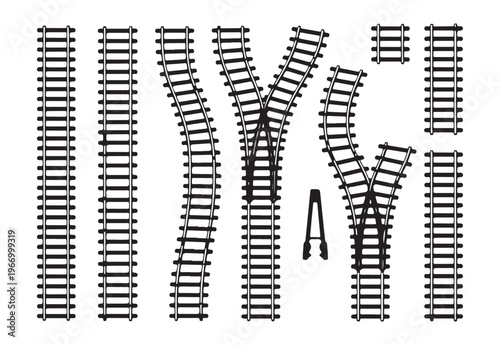 Assorted railroad track sections and junction switch vector graphics for model train layout design planning.